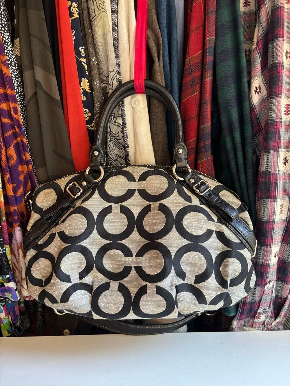 Coach Black and Cream Signature Canvas Satchel with Leather Trim